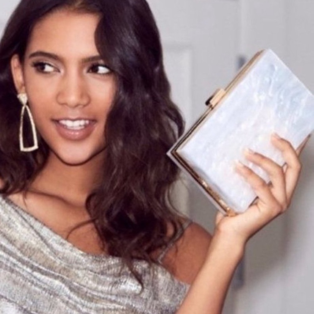 Rachel Zoe Iridescent Pearl White Box Clutch with Gold Trim